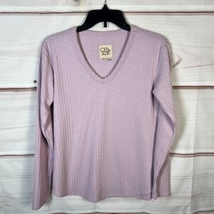 Chasor Top Women XS Purple Waffle Knit T-Shirt Long Sleeve V-Neck Solid Pullover